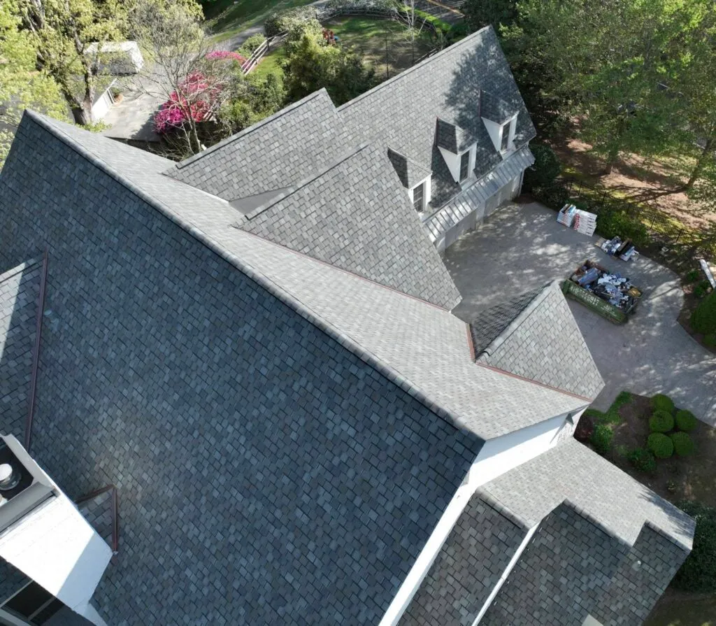 A completed architectural shingle roof installed by Cornerstone
