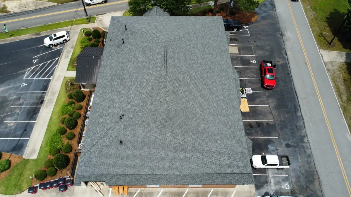 Overhead view of a completed commercial roof replacement