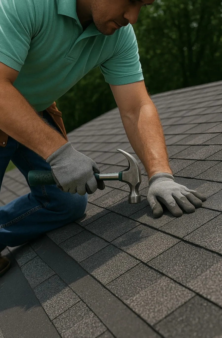 A roofer fastening shingles on a residential roof